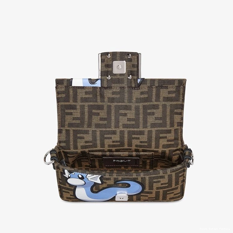 Vintage HOT FF Baguette Motif Fabric Blue Fendi In Pokmon Dragon Mini Bag Brown 0811
